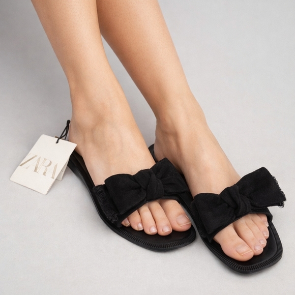 Zara Shoes - Zara Black Bow Slide Sandals Size 38 NEW With Tags Leather Airfit
